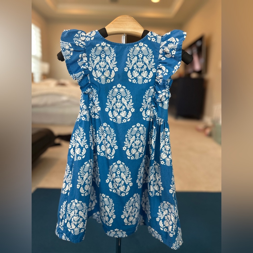 Mini Boden Bright Marina Blue Woodblock Frill Sleeve Printed Dress